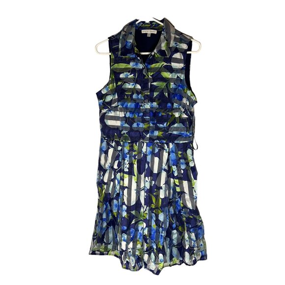 Sandra Darren Womens Floral Sleeveless Shirt Dress W/ Pockets Size 14 Blue Green - Picture 7 of 8